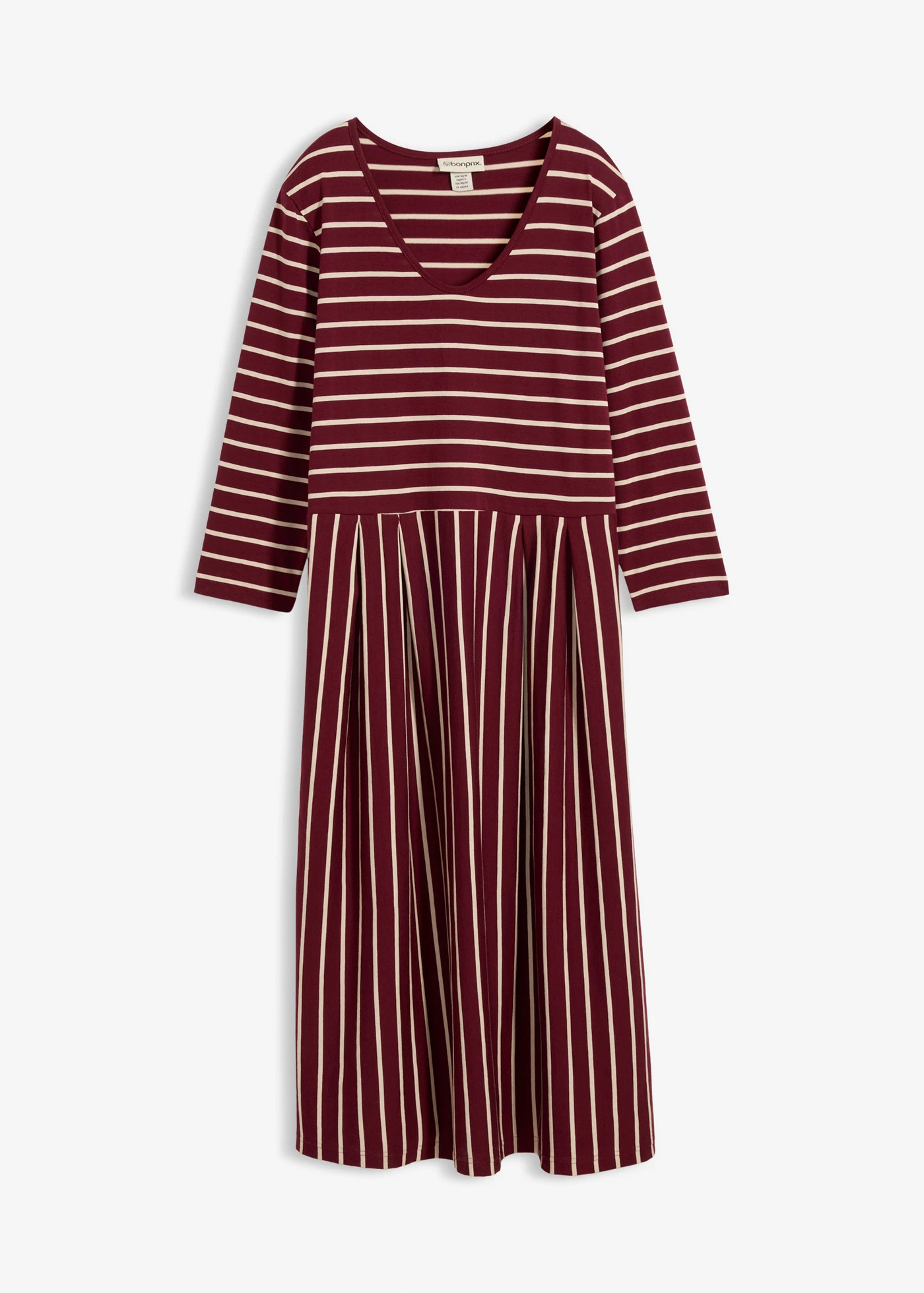 Rochie midi din jerse din bumbac • roșu-arțar/bej nisipiu mat dungat • magazin bonprix