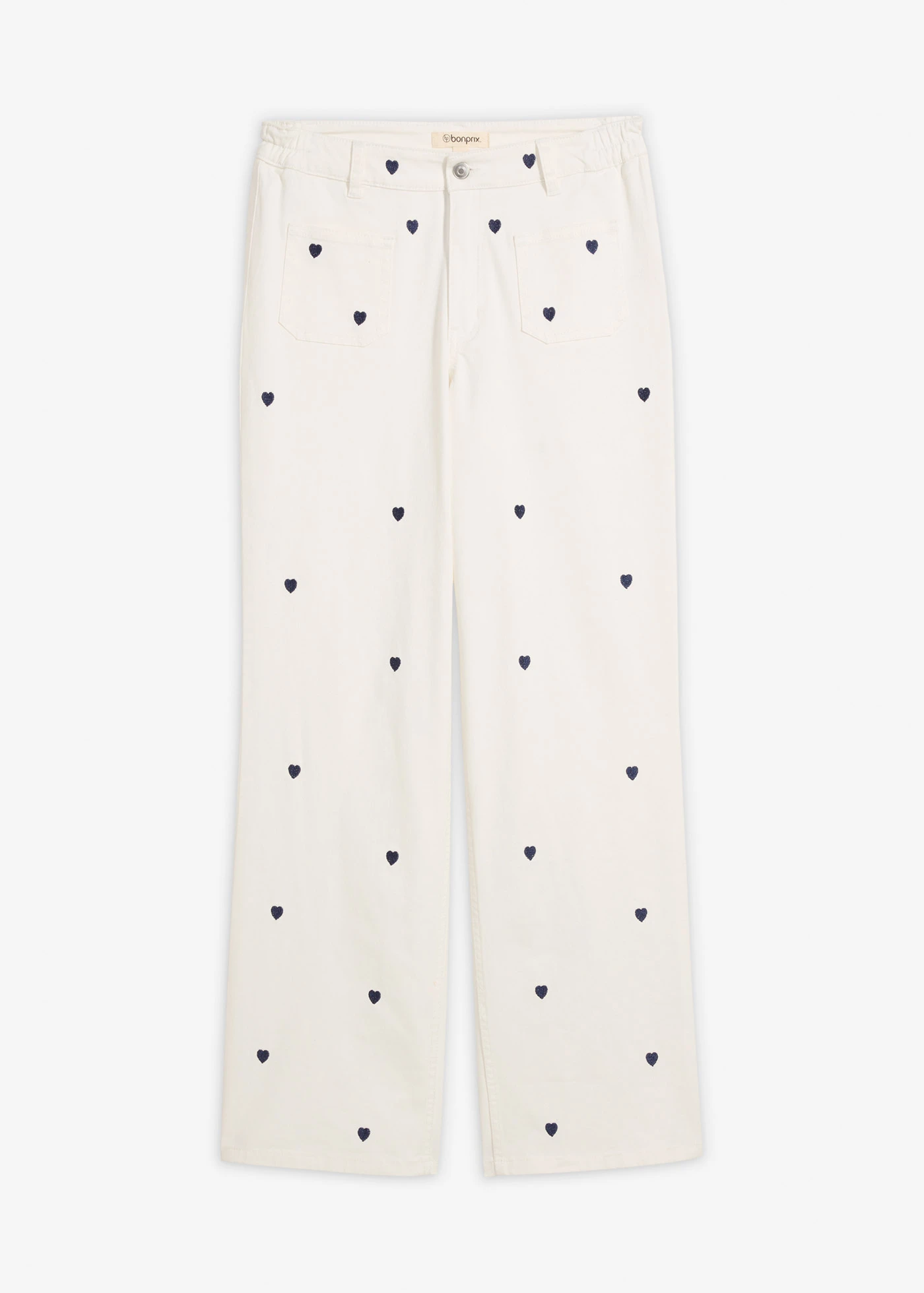 Twill broek met borduursel • wolwit-donkerblauw • bonprix online shop