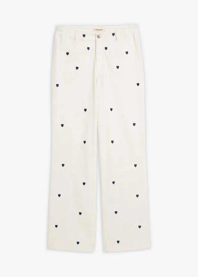 Twill broek met borduursel • wolwit-donkerblauw • bonprix online shop