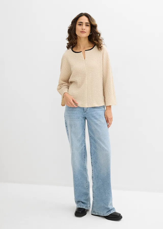 Oversized shirt met biezen in contrastkleur, Kleur: lichtsand-zwart