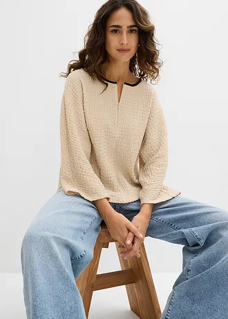 Oversized shirt met biezen in contrastkleur • lichtsand-zwart • bonprix online shop