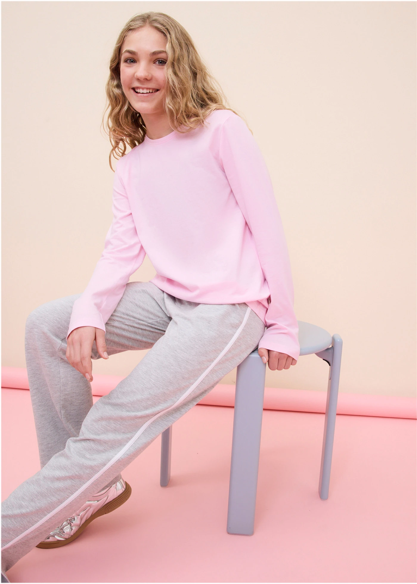 Lot de 5 T-shirts manches longues 100% coton • roseau clair+bleu poudré+rose cristal+bleu mat+gris clair chiné • Boutique bonprix