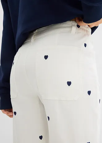 Twill broek met borduursel • wolwit-donkerblauw • bonprix online shop