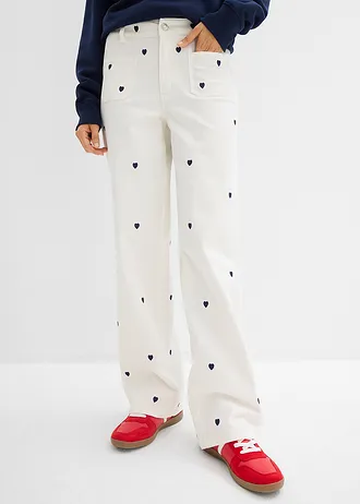 Twill broek met borduursel • wolwit-donkerblauw • bonprix online shop