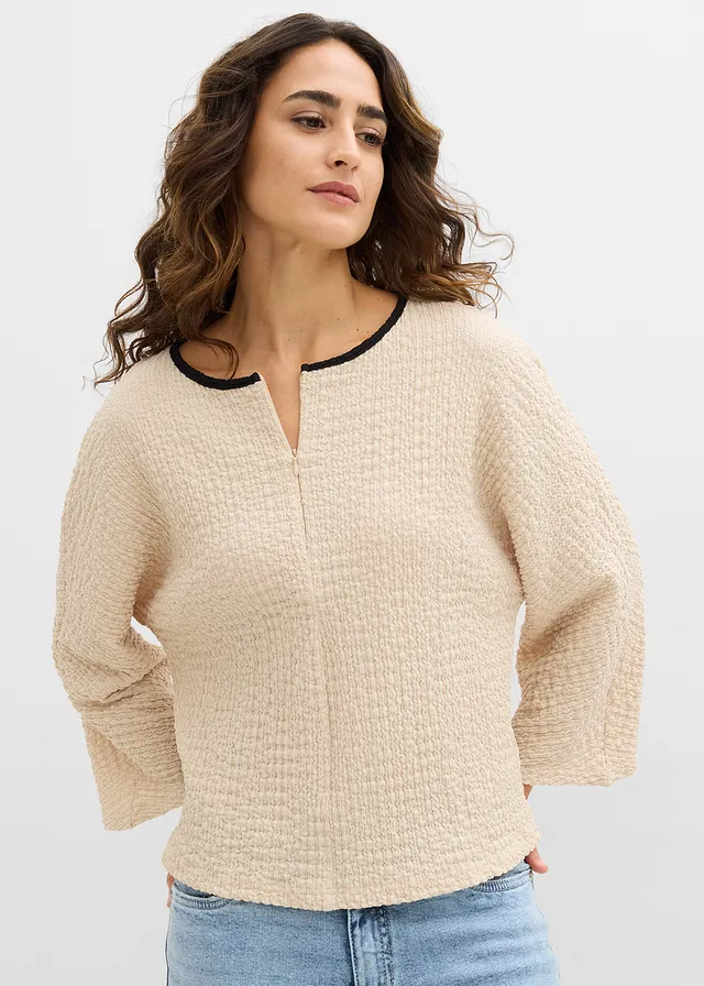 Oversized shirt met biezen in contrastkleur, Kleur: lichtsand-zwart