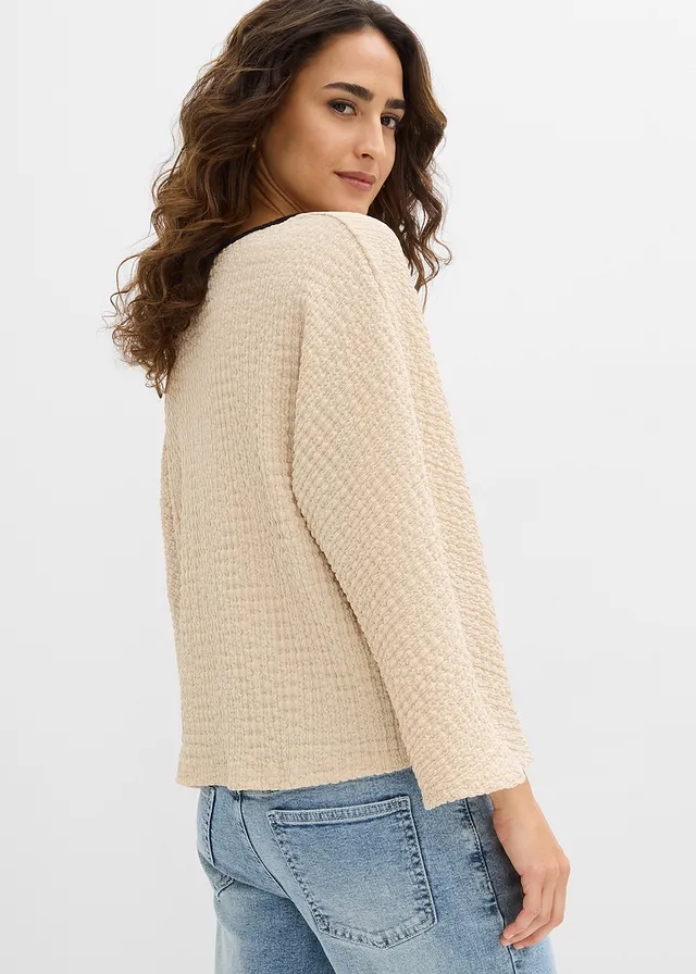 Oversized shirt met biezen in contrastkleur, Kleur: lichtsand-zwart