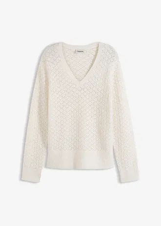 Pulover ajurat cu fir moale și pufos • alb perlat • magazin bonprix