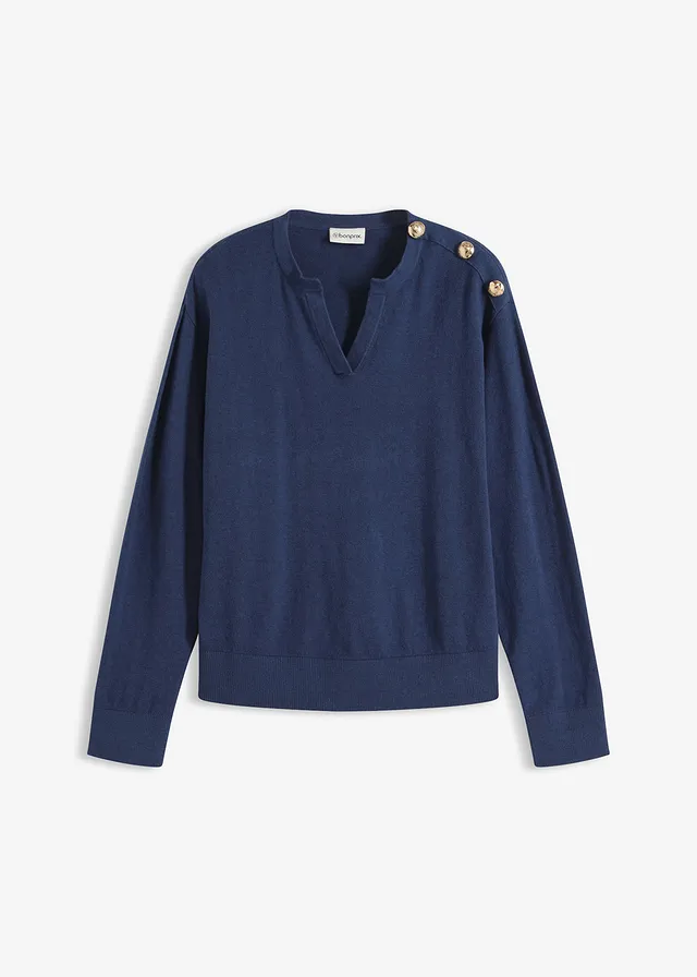 Pulover tricotat, cu detaliu cu nasturi • bleumarin • magazin bonprix