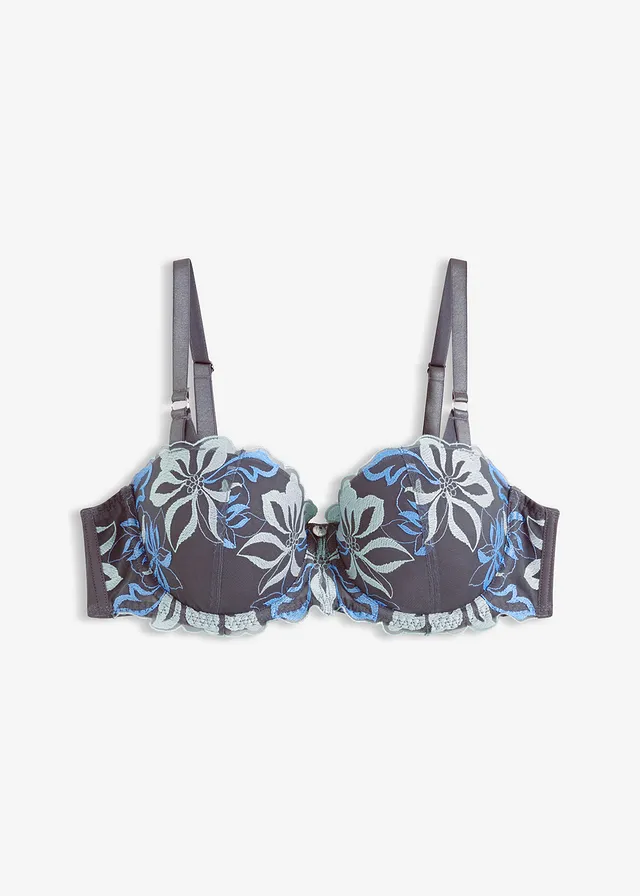 Balconette bh met elegant borduursel, Kleur: granietgrijs-middenblauw gebloemd