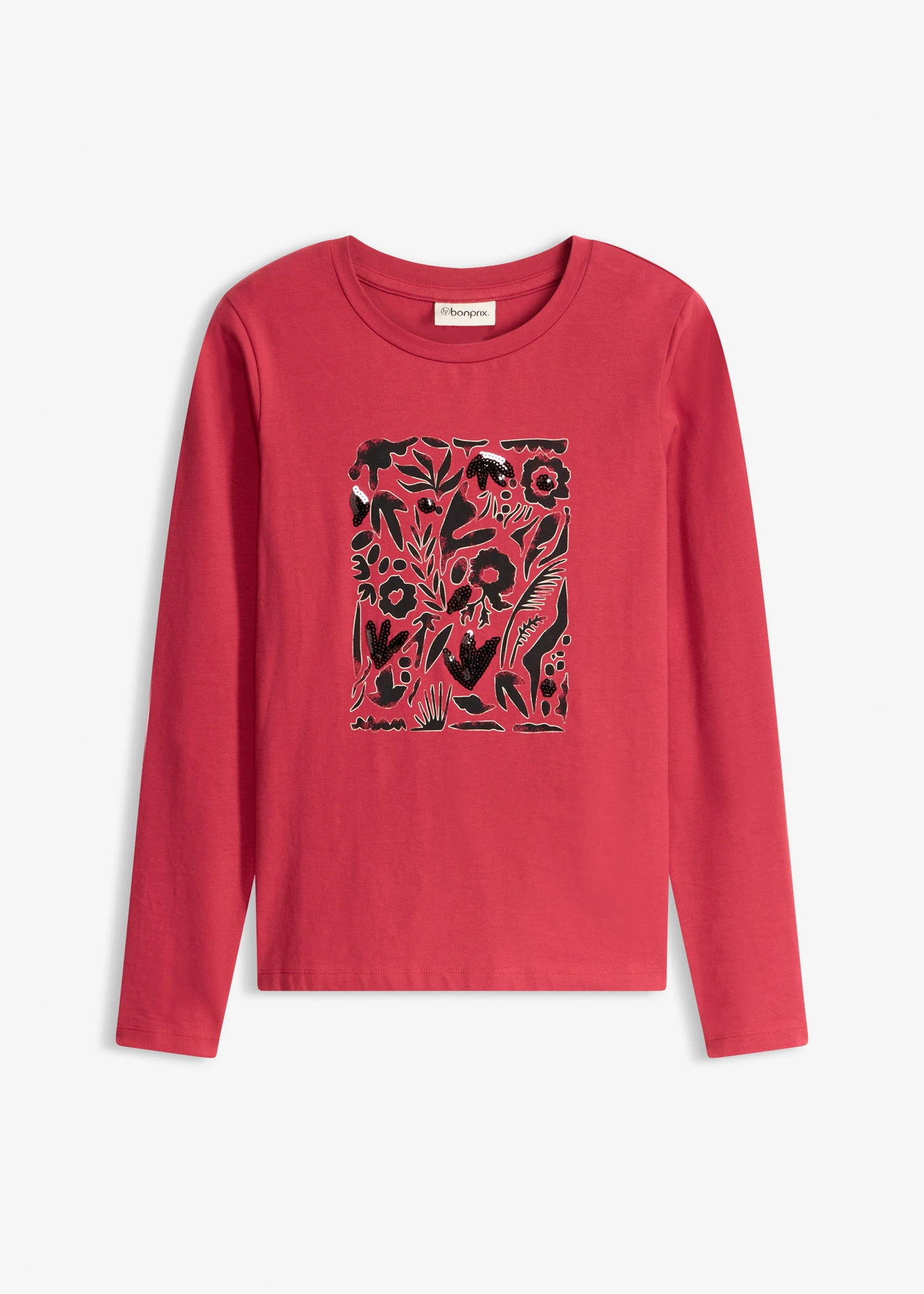 T-shirt manches longues en coton extensible • rouge cerise/doré métallisé/noir imprimé • Boutique bonprix