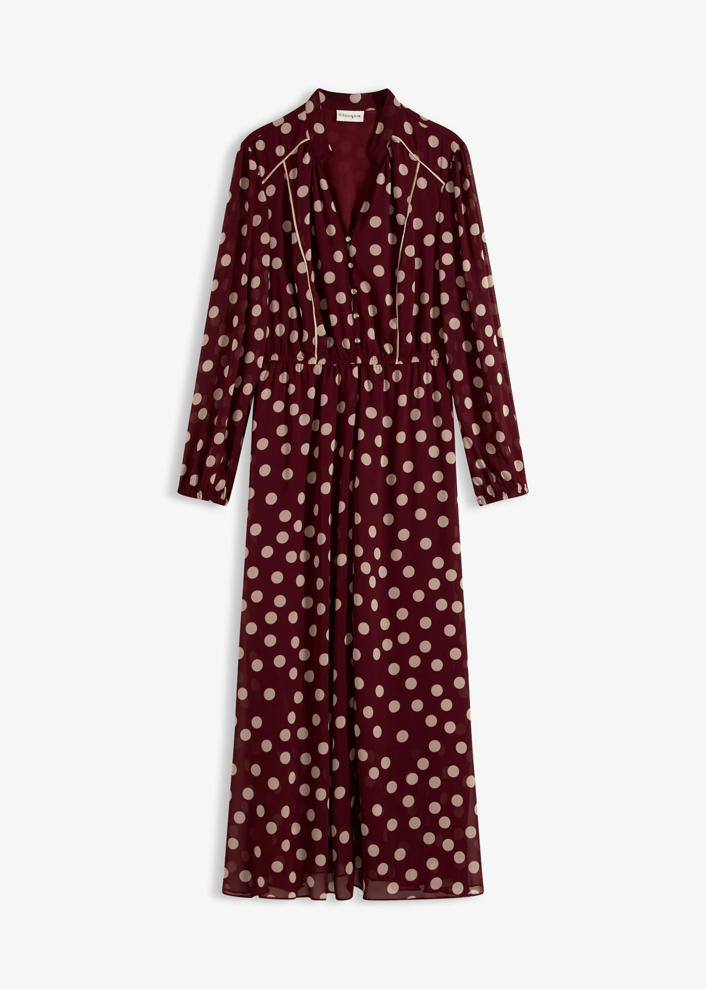 Rochie din șifon cu paspoal în contrast • roșu rubiniu-bej nisipiu mat punctat • magazin bonprix