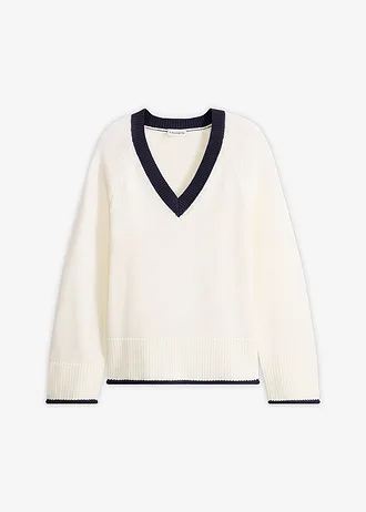 Pulover cu dungi în contrast, culoare: alb perlat/bleumarin