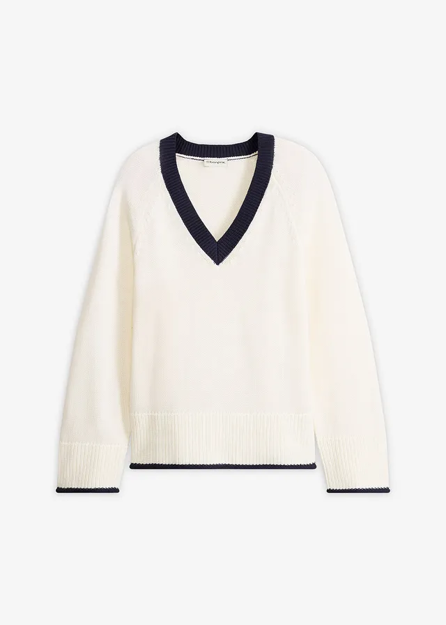 Pull à rayures contrastantes • blanc nacré/bleu foncé • Boutique bonprix