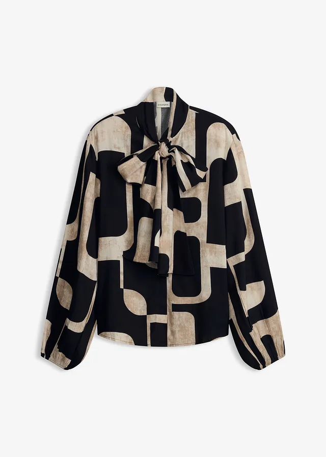 Blouse met strik van soepelvallende viscose • zwart-crème grafische print • bonprix online shop