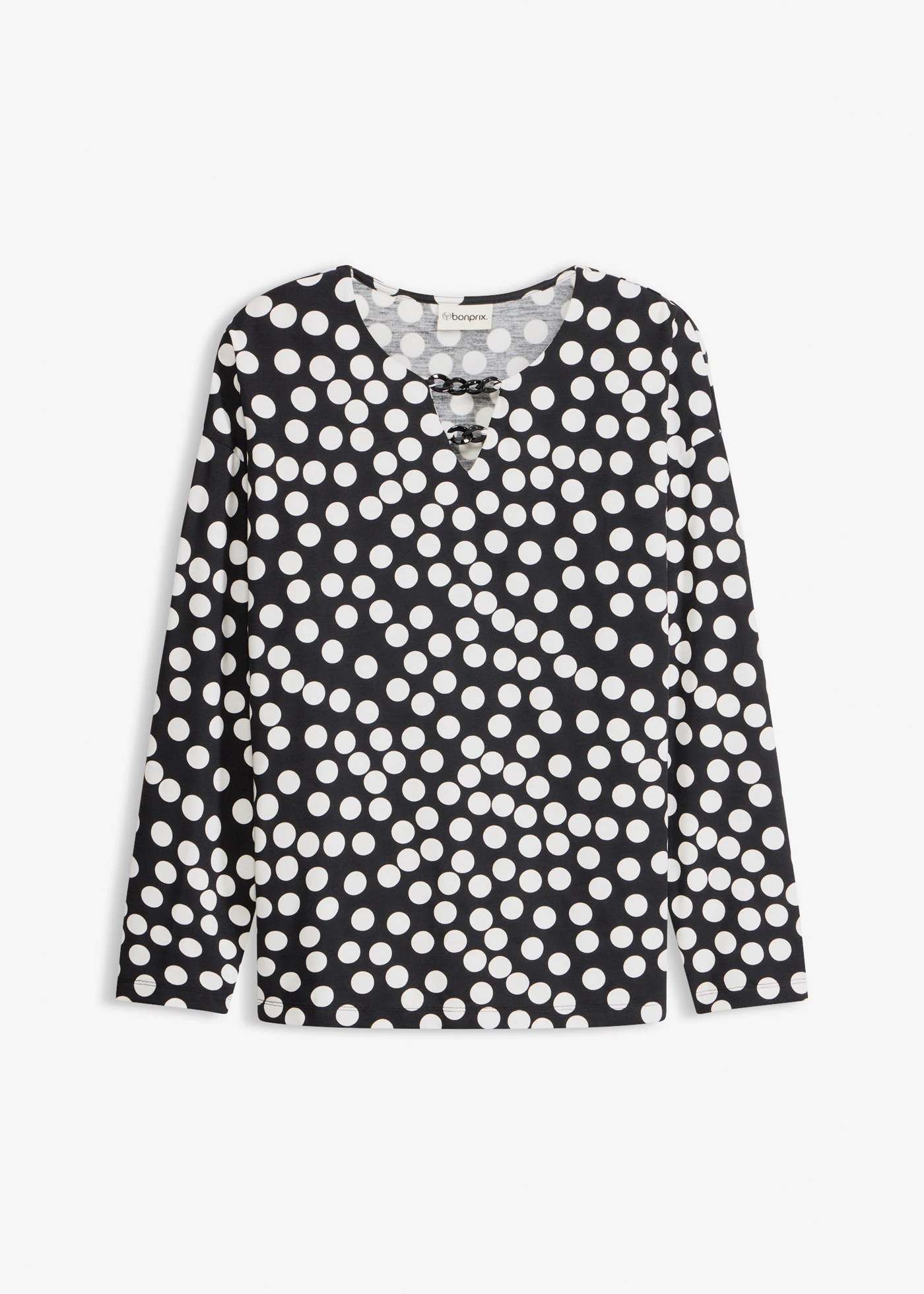 Tuniek met lange mouwen en decoratieve sierdetails • zwart-wolwit gestippeld • bonprix online shop