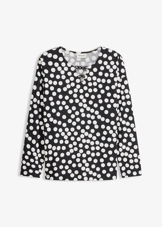 Tuniek met lange mouwen en decoratieve sierdetails • zwart-wolwit gestippeld • bonprix online shop