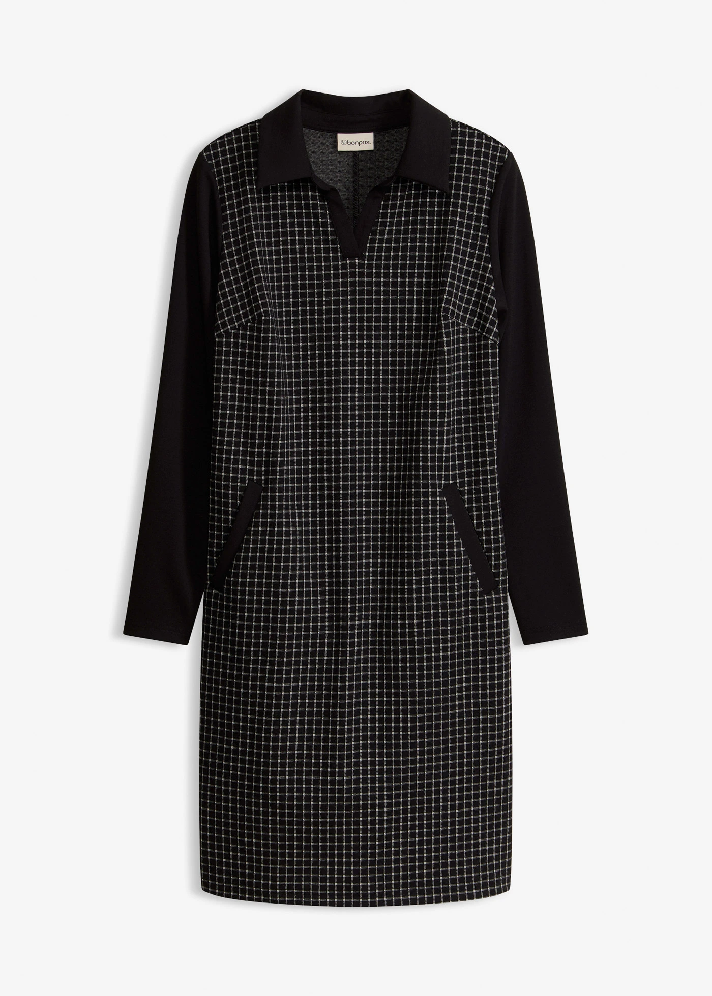 Jacquard jurk met contrasterende kraag • zwart-wolwit geruit • bonprix online shop