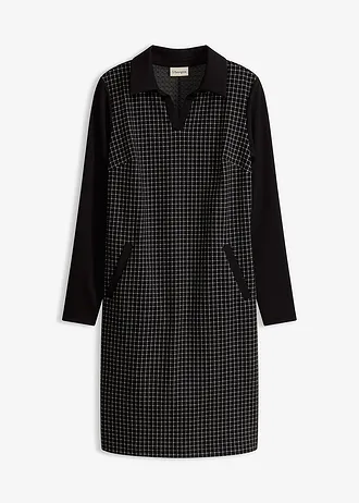 Jacquard jurk met contrasterende kraag, Kleur: zwart-wolwit geruit