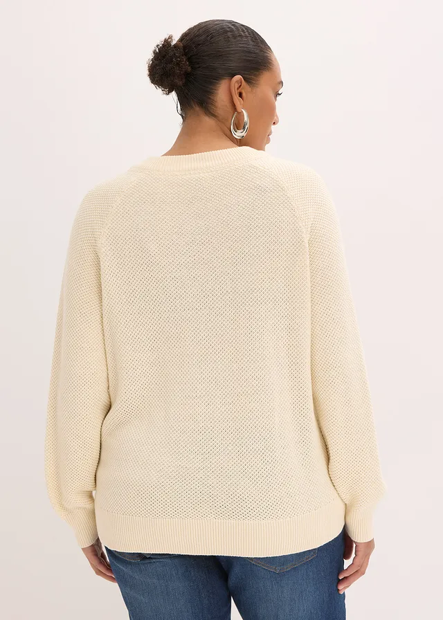 Grof gebreide trui met knoopsluiting, Kleur: parelwit
