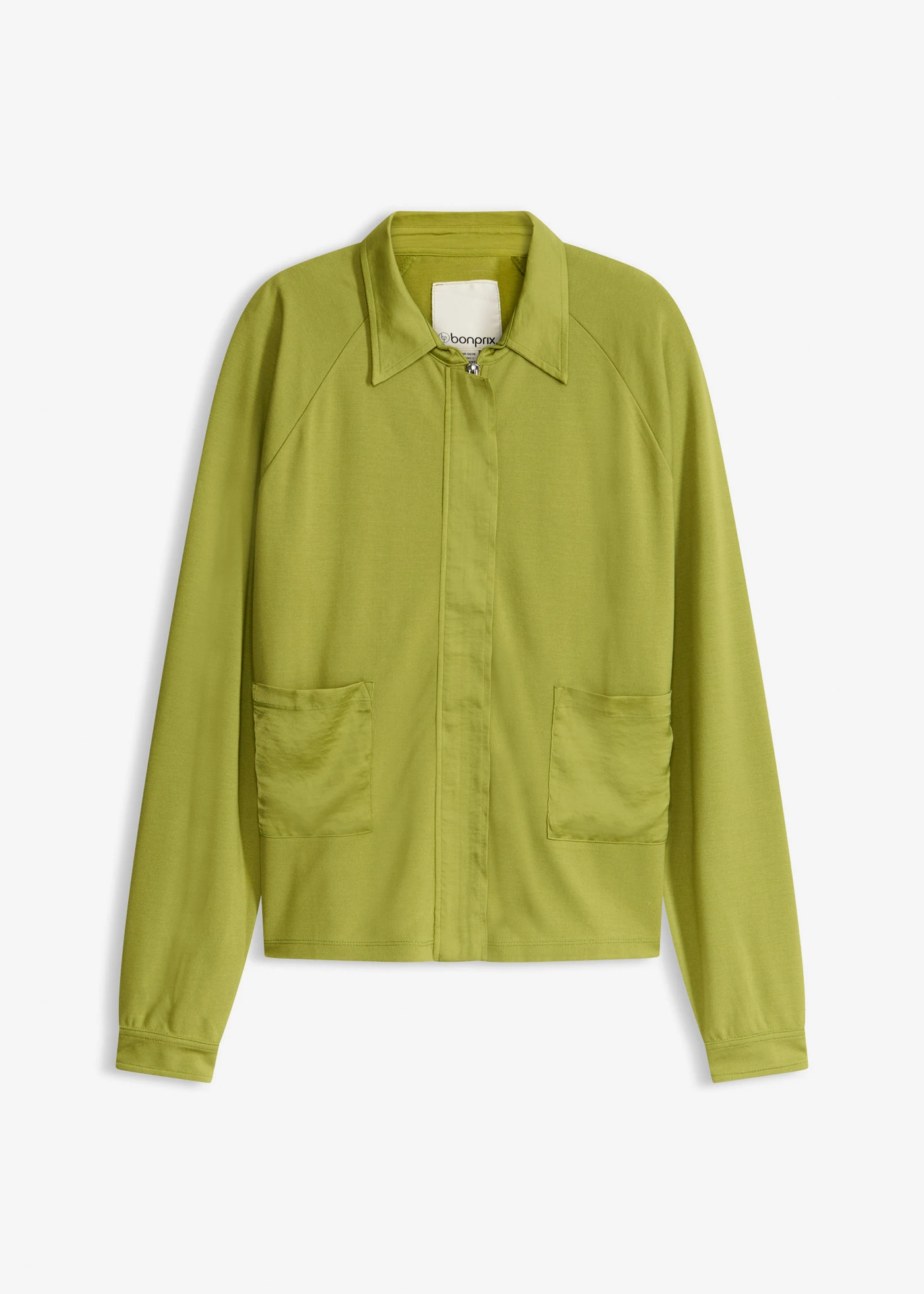 Veste légère en Punto di Roma avec bordure en satin • vert mousse • Boutique bonprix