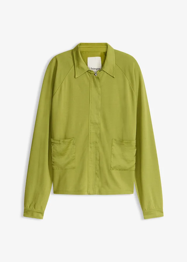 Veste légère en Punto di Roma avec bordure en satin • vert mousse • Boutique bonprix