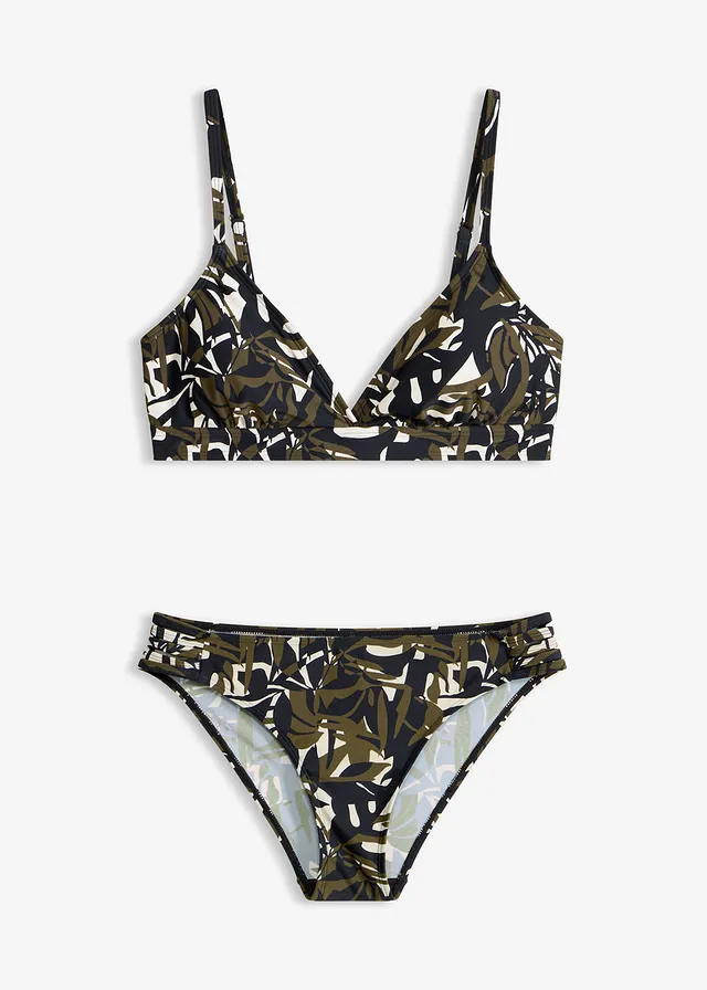 Bikiny (2-dielne) s prekríženými ramienkami • biela vlna-čierna-tmavoolivová kvetovaná • obchod bonprix