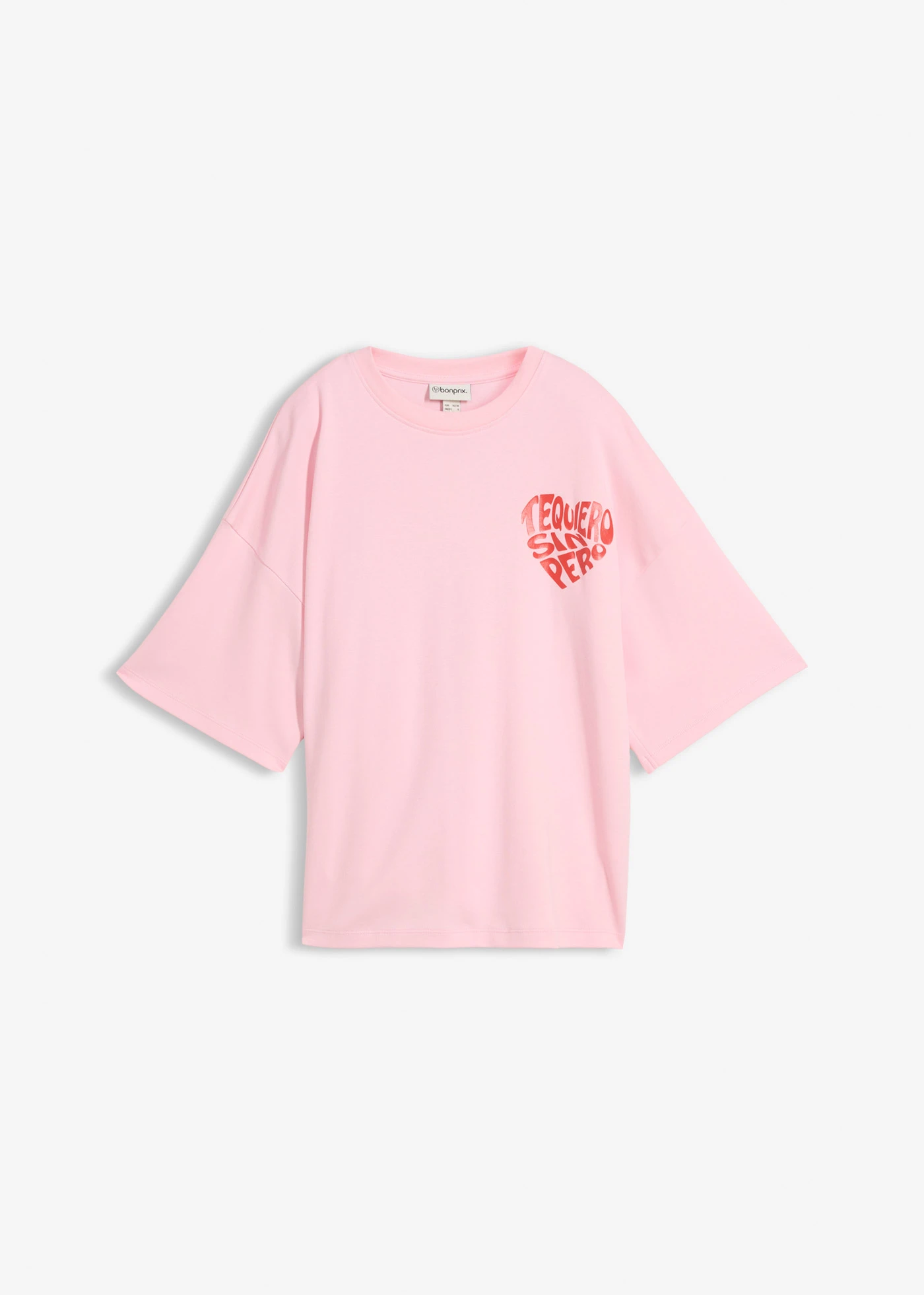 Pudełkowy T-shirt z grubej bawełny • jasnoróżowy kryształowy-truskawkowy z nadrukiem • sklep bonprix