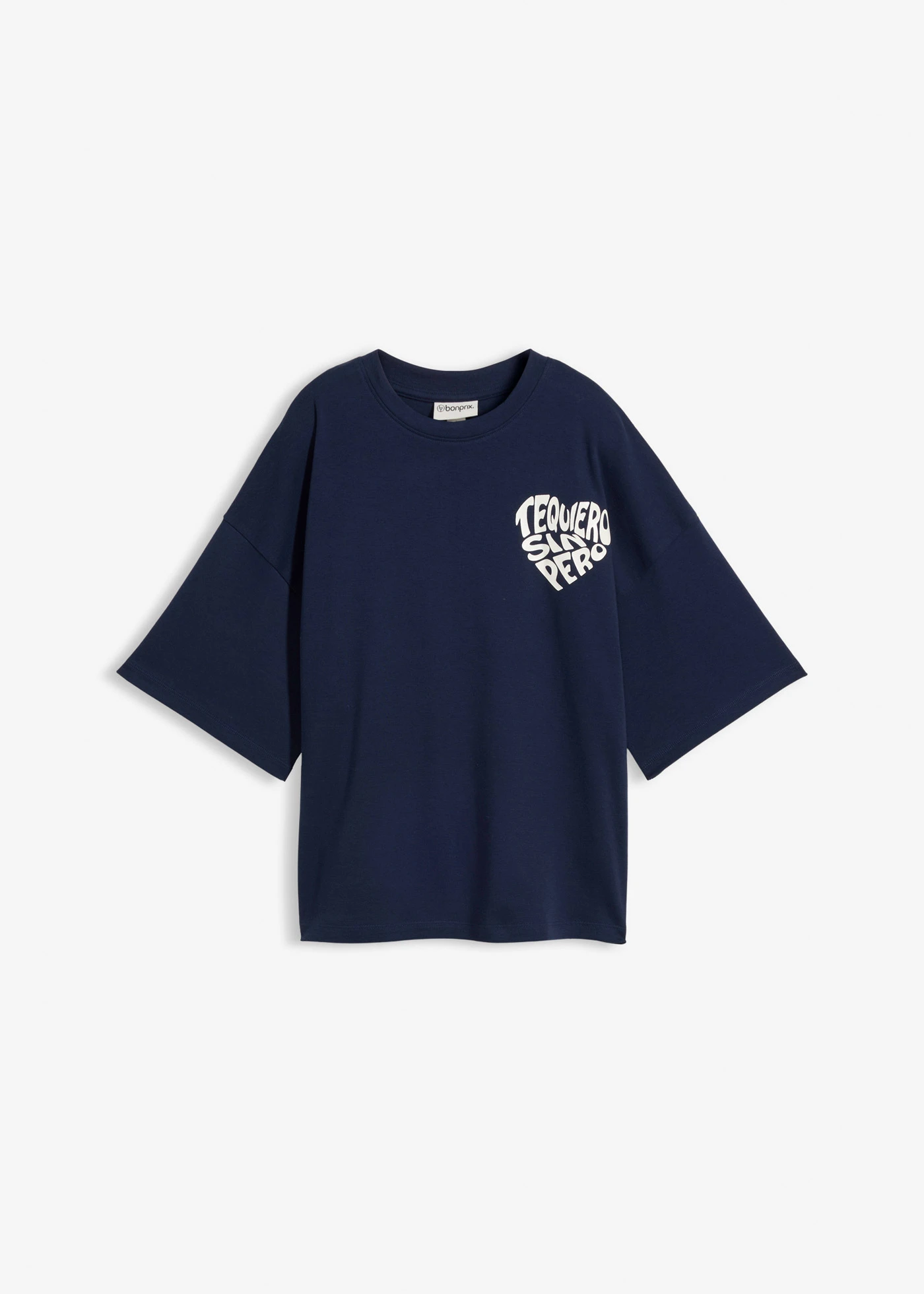 Pudełkowy T-shirt z grubej bawełny • granatowy-biel wełny z nadrukiem • sklep bonprix