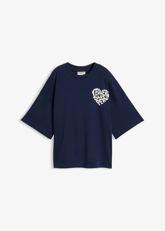 T-shirt boxy en coton épais, Couleur: bleu foncé/écru imprimé