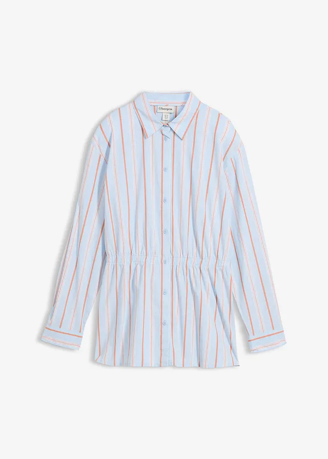 Overhemdblouse van stretch katoen-popeline, Kleur: poederblauw verticaal gestreept