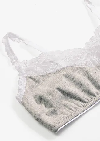 Bralette melltartó merevítő nélkül, pamuttal és csipkével • világosszürke melírozott/fehér • bonprix áruház
