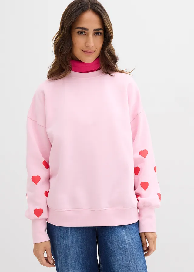 Sweater in een katoenmix, Kleur: kristalroze-aardbeirood met print