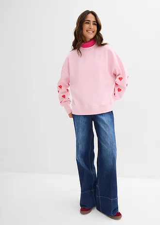 Sweater in een katoenmix, Kleur: kristalroze-aardbeirood met print