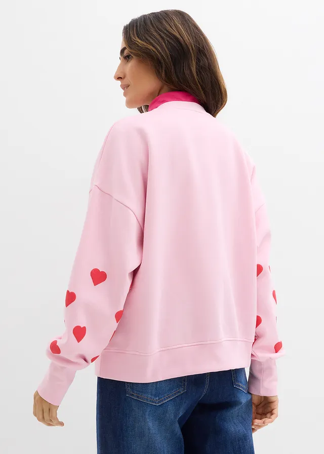 Sweater in een katoenmix, Kleur: kristalroze-aardbeirood met print