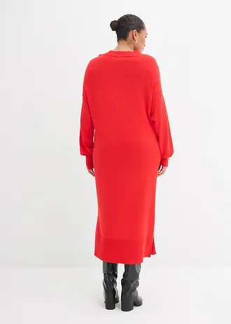 Casual midi jurk in een viscosemix, Kleur: aardbeirood