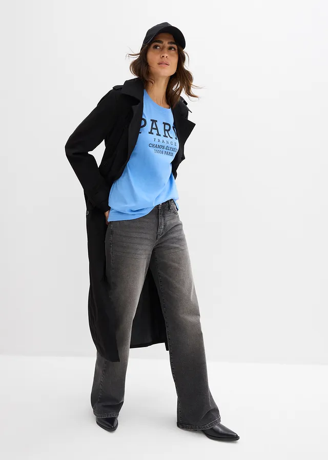 T-shirt ample 100% coton, Couleur: bleu moyen/noir imprimé