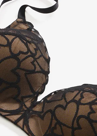 Voorgevormde bh zonder beugels met kant met hartjespatroon • zwart-lichtbruin • bonprix online shop