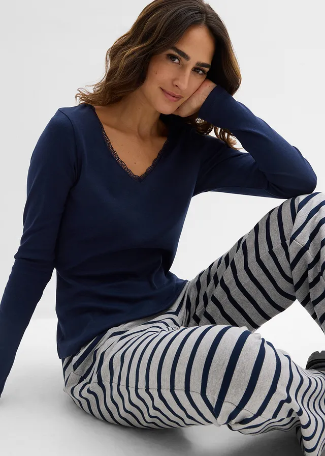 Longsleeve lichtgrijs gemêleerd-donkerblauw gestreept