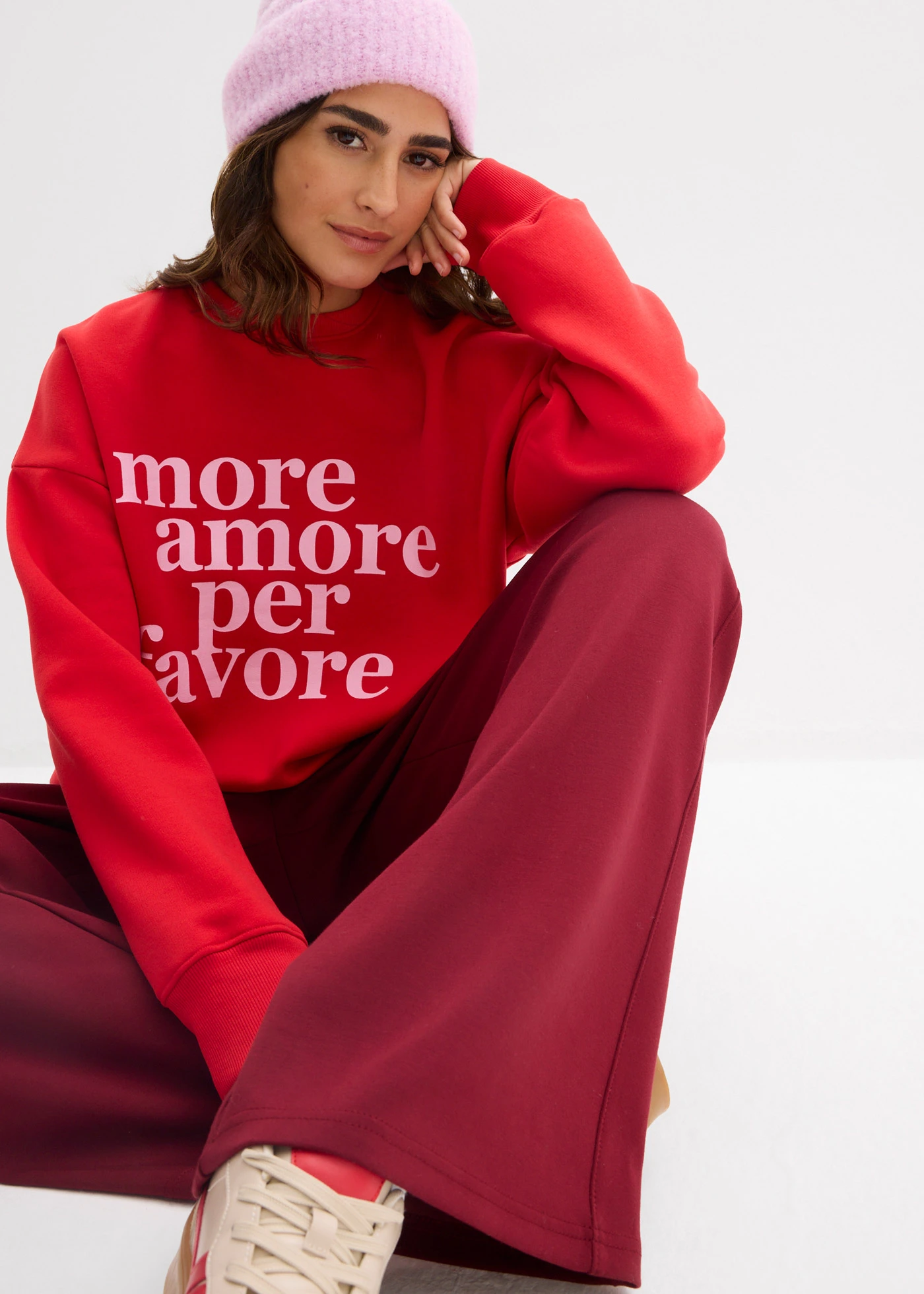 Bluză casual oversize din mix de bumbac • roșu-căpșună-roz-cristal cu imprimeu • magazin bonprix