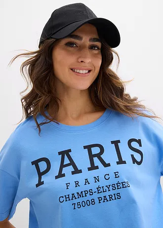 T-shirt ample 100% coton • bleu moyen-noir imprimé • Boutique bonprix