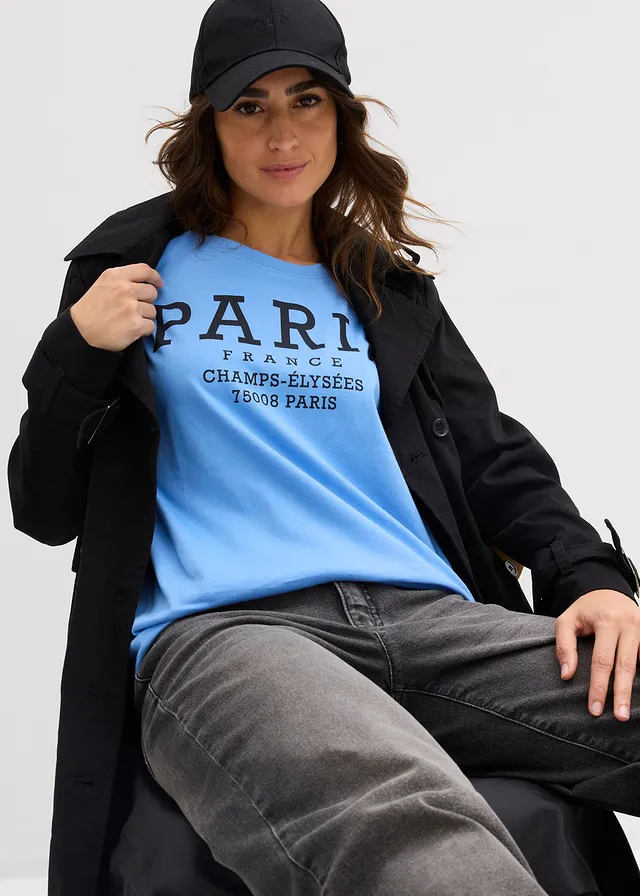 Tricou larg din bumbac organic 100% • albastru mediu/negru cu imprimeu • magazin bonprix