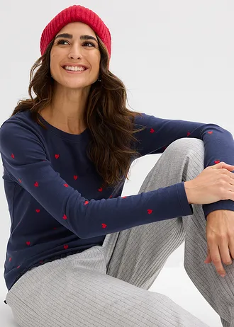 Bluză cu mâneci lungi din bumbac 100% • bleumarin/roșu-căpșună cu imprimeu • magazin bonprix