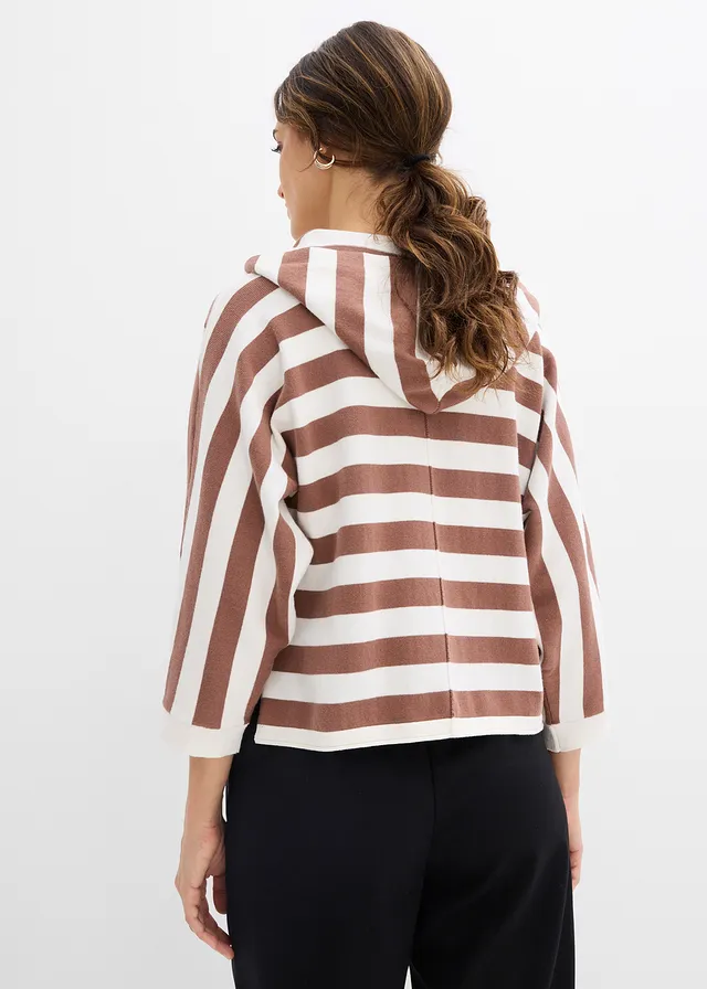 Pull oversize en fine maille, Couleur: blanc nacré-marron rayé