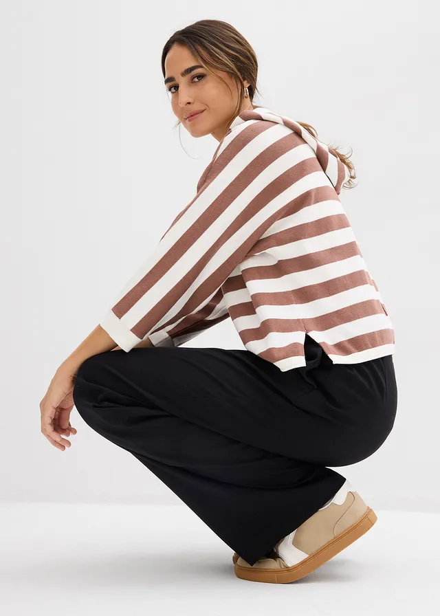 Pull oversize en fine maille blanc nacré-marron rayé