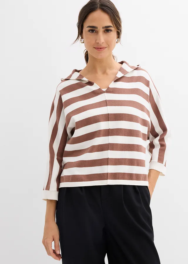 Pull oversize en fine maille, Couleur: blanc nacré-marron rayé