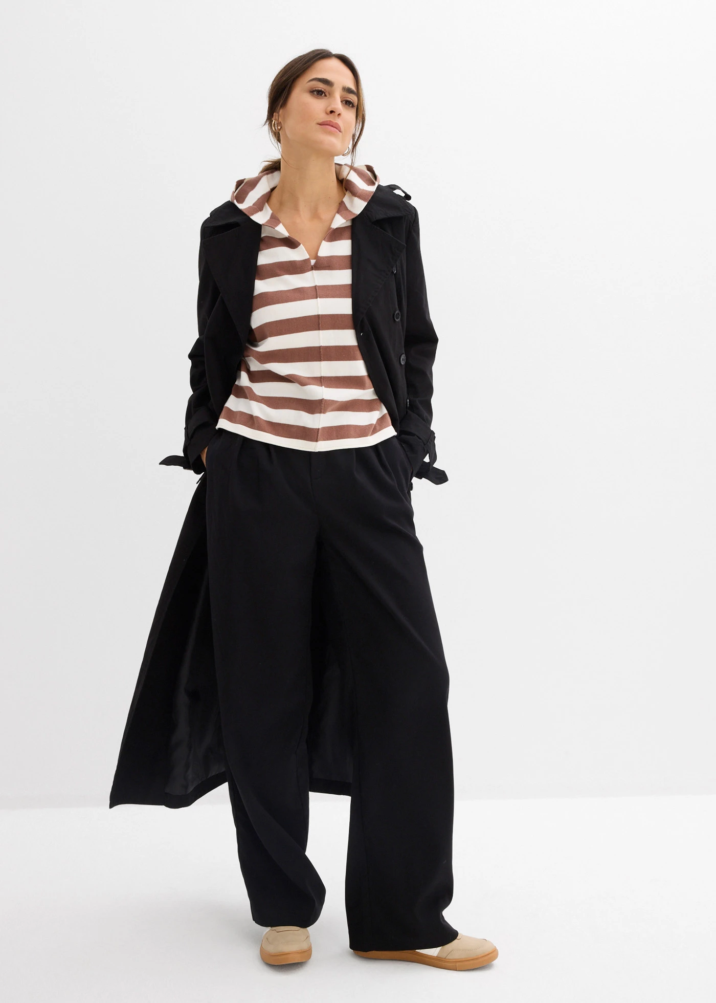 Pulover oversize din tricot fin din material cu bumbac • alb perlat-maro castaniu dungat • magazin bonprix