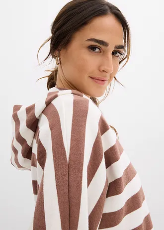 Pulover oversize din tricot fin din material cu bumbac • alb perlat-maro castaniu dungat • magazin bonprix