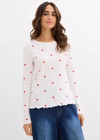 Longsleeve van puur katoen, Kleur: wit-aardbeirood met print