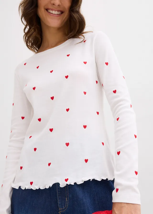Bluză cu mâneci lungi din bumbac 100% • alb/roșu-căpșună cu imprimeu • magazin bonprix