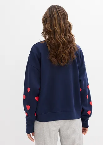 Sweater in een katoenmix, Kleur: donkerblauw-aardbeirood met print